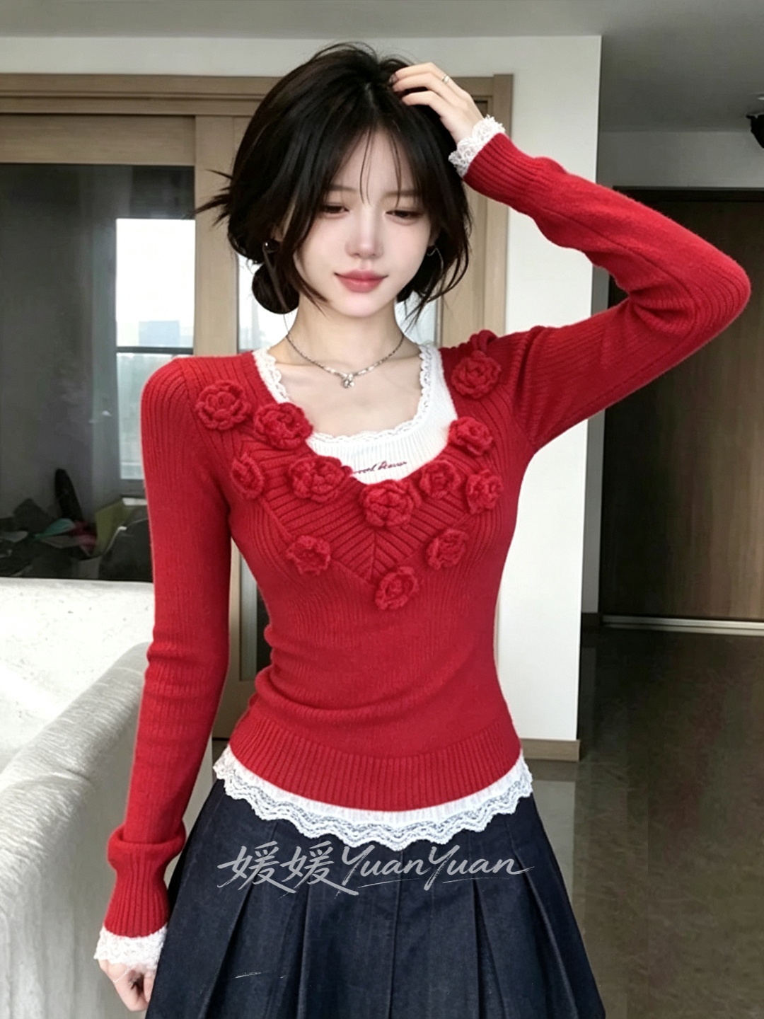 เสื้อถักคอวีสีแดงทรงสลิม แฟชั่ - Embroidery Design 3D บทวิจารณ์และราคา