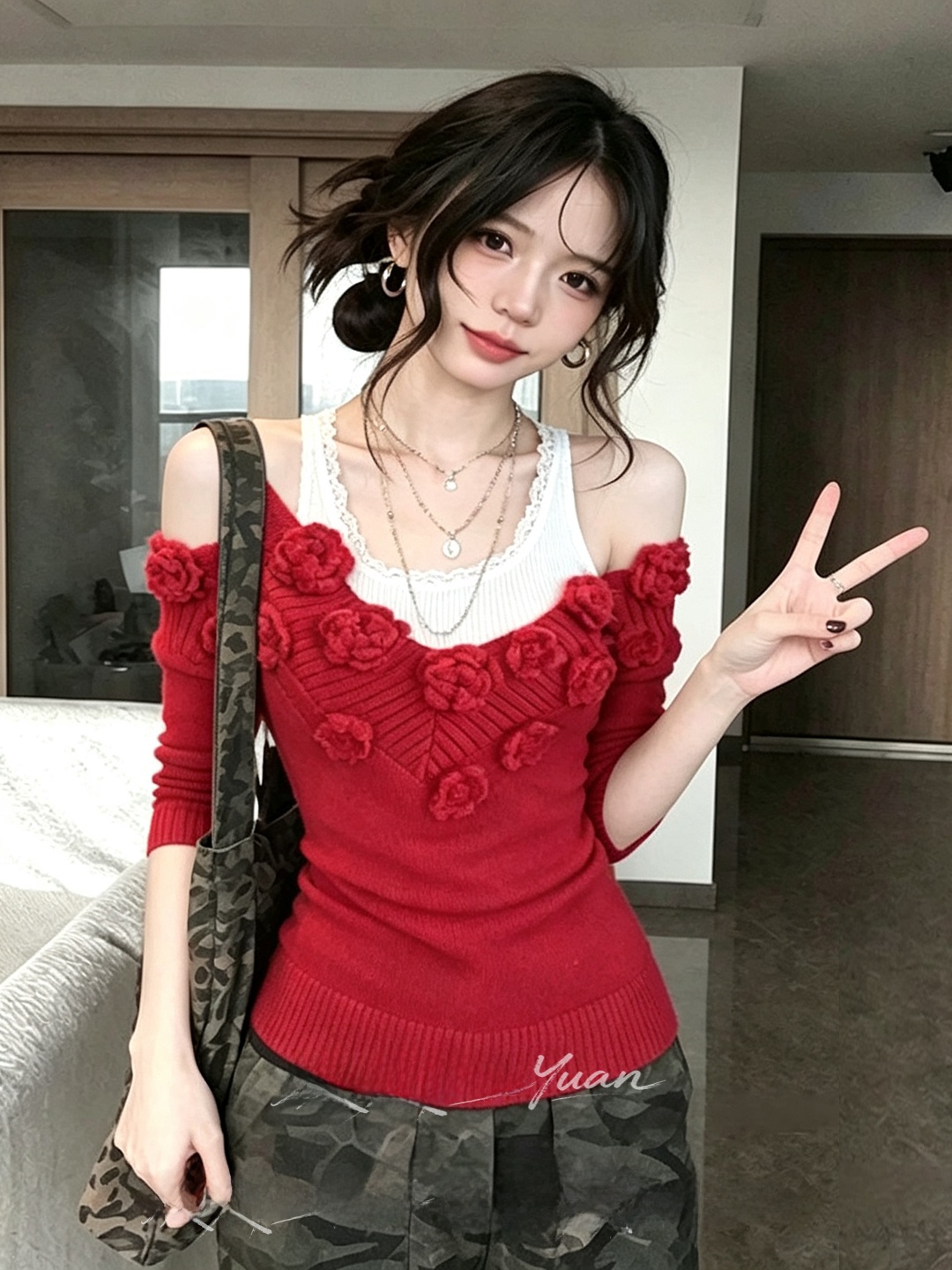 เสื้อถักคอวีสีแดงทรงสลิม แฟชั่ - Embroidery Design 3D บทวิจารณ์และราคา