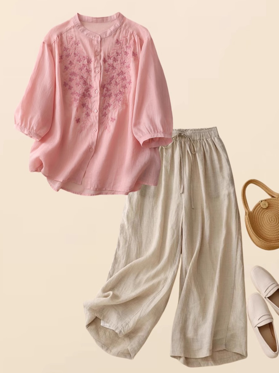 ชุดเซ็ตผ้าฝ้ายลินินสไตล์จีนใหม - Embroidery Cotton Shirt บทวิจารณ์และราคา
