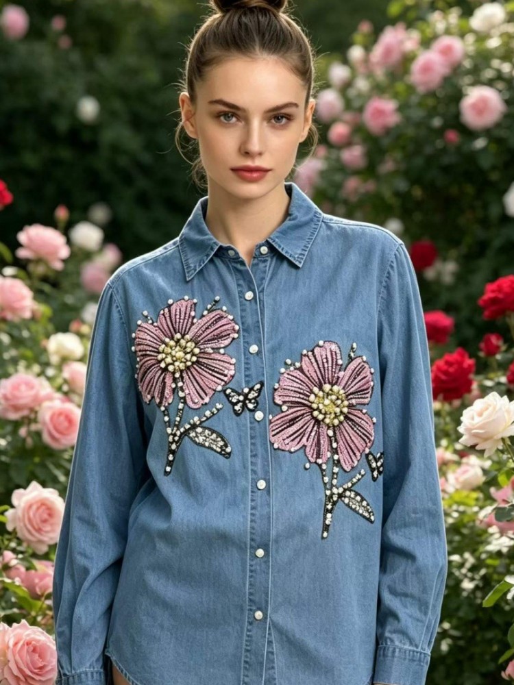 เสื้อผู้หญิงผ้าเดนิมปักลาย แขน - Embroidery Cotton Shirt บทวิจารณ์และราคา