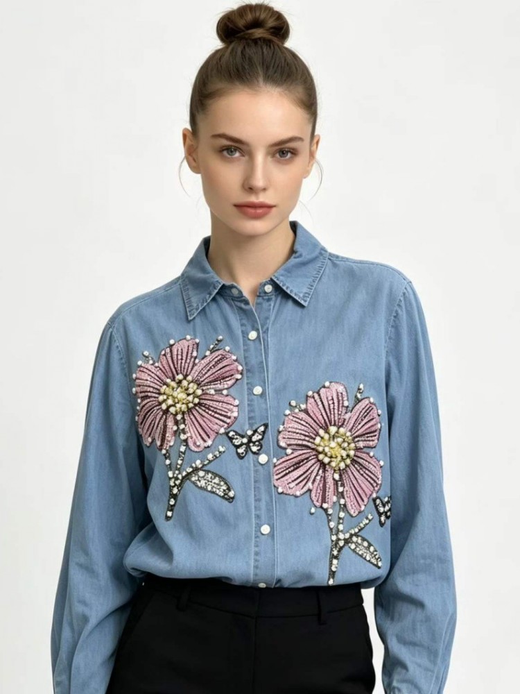 เสื้อผู้หญิงผ้าเดนิมปักลาย แขน - Embroidery Cotton Shirt บทวิจารณ์และราคา