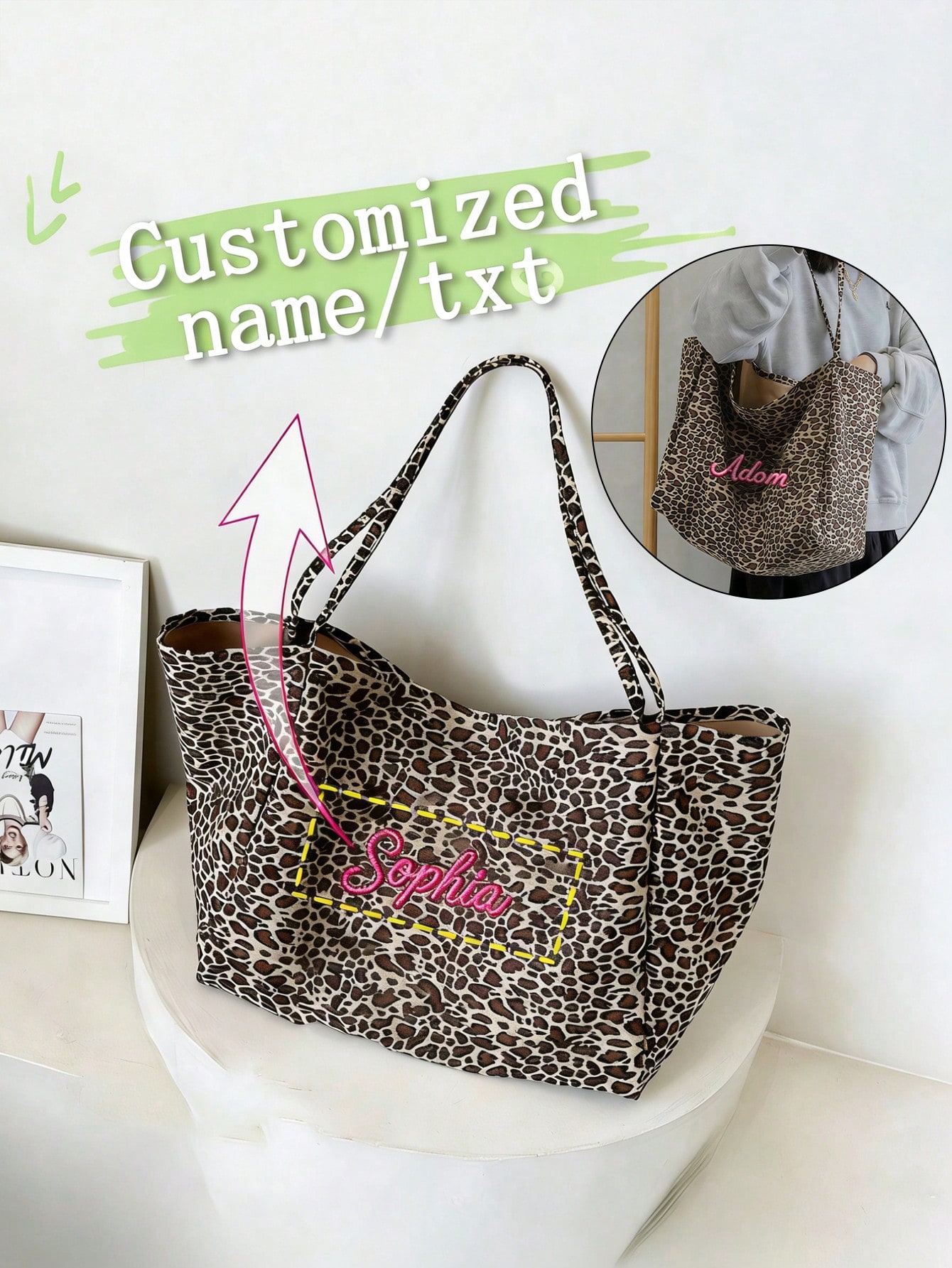 กระเป๋าโท้ทลายเสือดาวแบบกำหนดเ - Embroidery Name บทวิจารณ์และราคา