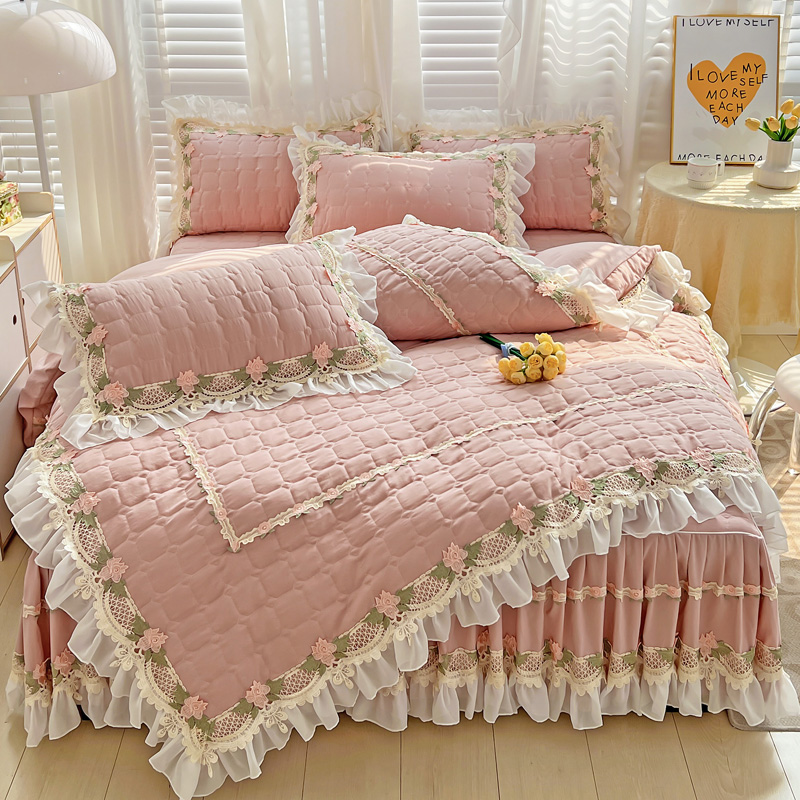 เกาหลีสีชมพู Princess ชุดเครื่ - Embroidery Quilt Cover บทวิจารณ์และราคา