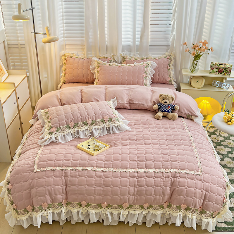 เกาหลีสีชมพู Princess ชุดเครื่ - Embroidery Quilt Cover บทวิจารณ์และราคา