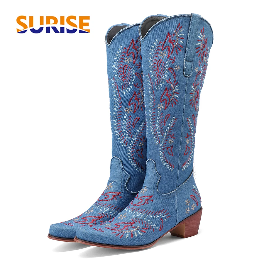 Blue Denim Western Cowgirl เข่ - Embroidery On Jeans บทวิจารณ์และราคา