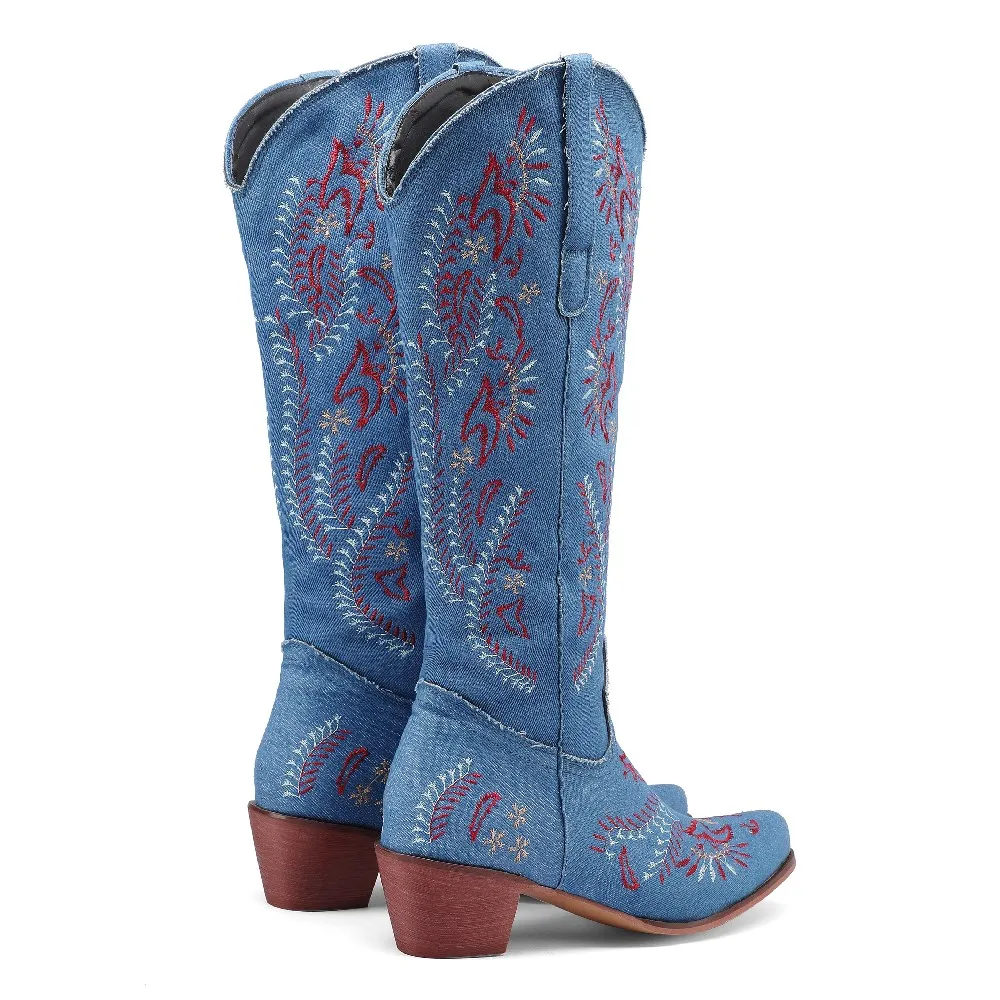 Blue Denim Western Cowgirl เข่ - Embroidery On Jeans บทวิจารณ์และราคา