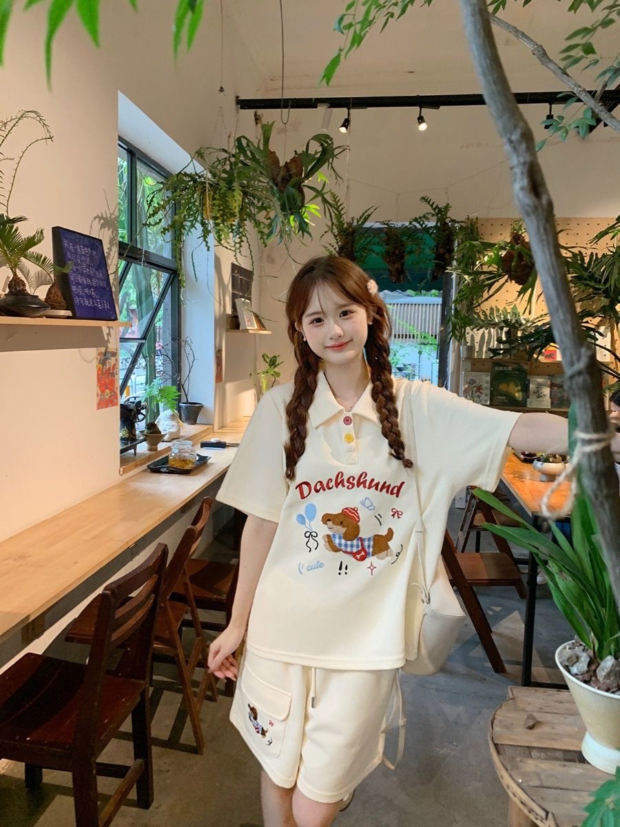 Kawaii เย็บปักถักร้อยสุนัขสไตล - Embroidery Cotton Shirt บทวิจารณ์และราคา
